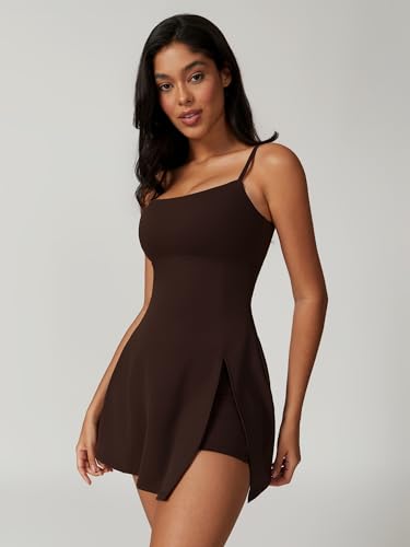 31ImZz8G76L.jpg Womens Square Neck Tennis Dress with Shorts Spaghetti Strap Backless Workout Side Slit Athletic Golf Dresses