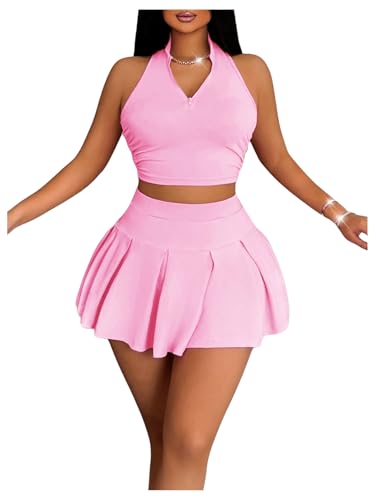 31JdUjl7kL.jpg Women's 2 Piece Tennis Skirt Set Sleeveless Racerback Crop Tank Tops High Waisted Pleated Mini Skirt Outfits