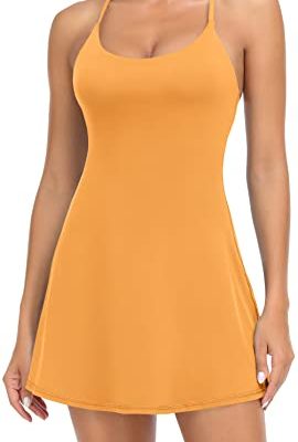 Women Workout Tennis Dress with Built-in Bra Shorts, Adjustable Cross Shoulder Straps with Pockets