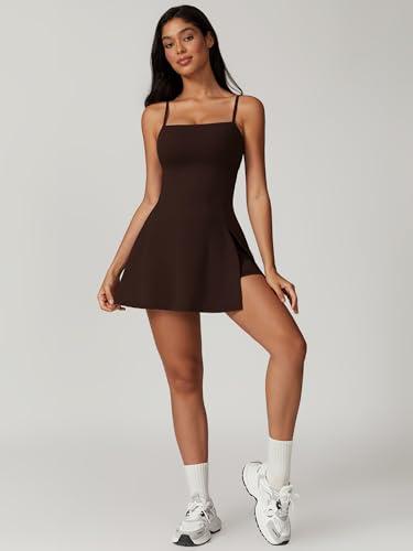 31de16D30QL.jpg Womens Square Neck Tennis Dress with Shorts Spaghetti Strap Backless Workout Side Slit Athletic Golf Dresses