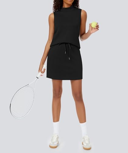 31jJ9foKGbL.jpg Two Piece Skirt Set for Women Sweatsuits Tennis Outfits Casual Mock Neck Sleeveless Top Elastic Short Skorts