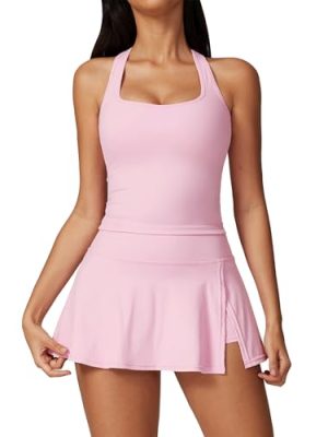 2 Piece Tennis Dresses for Women Side Slit Mini Skirt Set Racerback Workout Crop Tank Top Golf Outfits