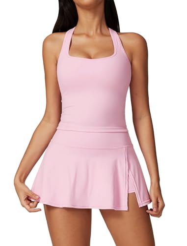2 Piece Tennis Dresses for Women Side Slit Mini Skirt Set Racerback Workout Crop Tank Top Golf Outfits