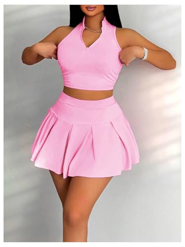 31mmljH-TL.jpg Women's 2 Piece Tennis Skirt Set Sleeveless Racerback Crop Tank Tops High Waisted Pleated Mini Skirt Outfits