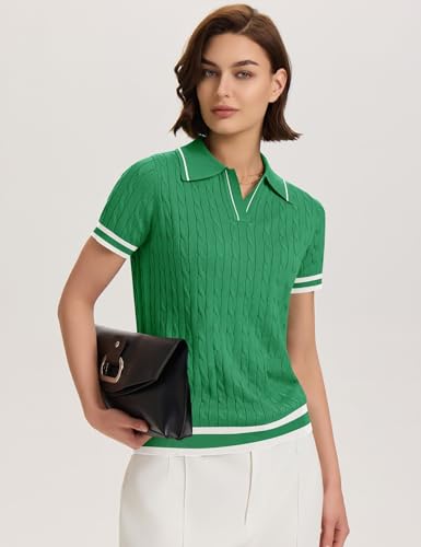 31y2G3XqMjL.jpg Womens Short Sleeve Lightweight Sweater Tops Lapel V Neck Cable Knit Polo Shirts Summer Loose Casual Outfits 2025