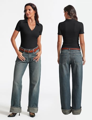 412TB4hvSNL.jpg Womens Short Sleeve Business Casual Tops Summer V Neck Polo Work Shirts 2025 Fitted Basic Collared Shirt