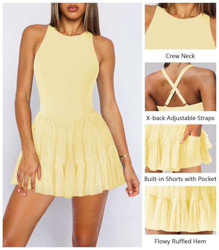 413L7s-lzEL.jpg Women's Flowy Pleated Ruffle Tennis Athletic Dress for Women Summer Boat Neck Sleeveless Mini Golf Dress Shorts Pockets