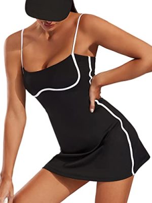 Womens Workout Tennis Dress with Built-in Bra & Shorts Pockets Sleeveless Exercise Golf Dresses