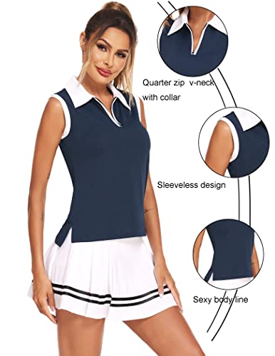 41F1eZ3yJRL.jpg Women Sleeveless Golf Polo Shirts Summer 2025 UPF 50+ Zipper V Neck Tennis Tank Top S-XXL