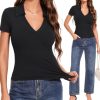 41GfvCzbWL.jpg Womens Short Sleeve Business Casual Tops Summer V Neck Polo Work Shirts 2025 Fitted Basic Collared Shirt