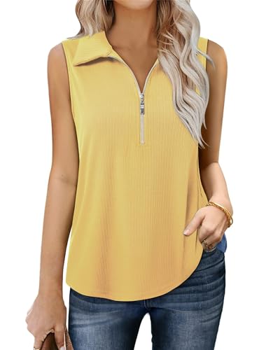 41Hgx8pAcXL.jpg Womens Ribbed Tank Top Zipper V Neck Dressy Casual Blouses Sleeveless Camisole Tops Work Tank Polo Shirts