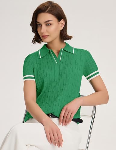 41NUn8ZEWL.jpg Womens Short Sleeve Lightweight Sweater Tops Lapel V Neck Cable Knit Polo Shirts Summer Loose Casual Outfits 2025