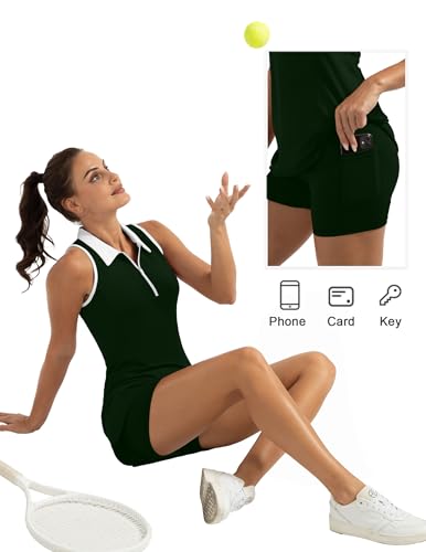 41Pu3kXAwKL.jpg Women's Golf Tennis Dress Sport Activewear Zipper V-Neck with Shorts and Pocket Workout Athletic