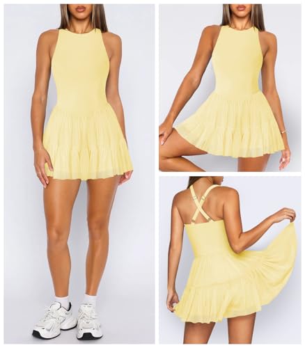 41RiVKWJAsL.jpg Women's Flowy Pleated Ruffle Tennis Athletic Dress for Women Summer Boat Neck Sleeveless Mini Golf Dress Shorts Pockets