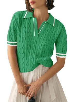 Womens Short Sleeve Lightweight Sweater Tops Lapel V Neck Cable Knit Polo Shirts Summer Loose Casual Outfits 2025