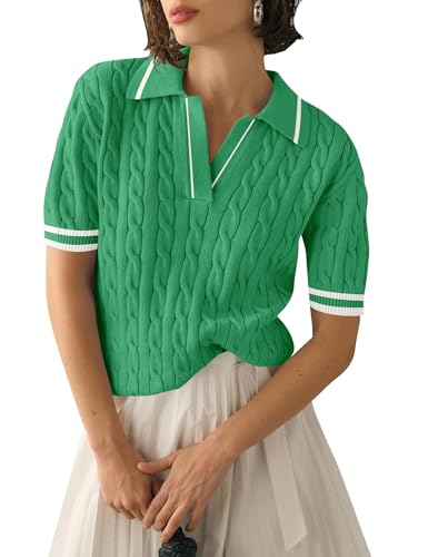 41UJNbGy0hL.jpg Womens Short Sleeve Lightweight Sweater Tops Lapel V Neck Cable Knit Polo Shirts Summer Loose Casual Outfits 2025