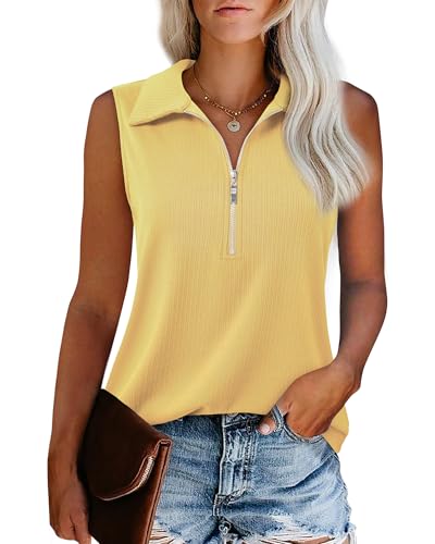 41UxCaXdOQL.jpg Womens Ribbed Tank Top Zipper V Neck Dressy Casual Blouses Sleeveless Camisole Tops Work Tank Polo Shirts