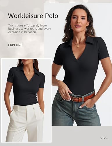 41VPUlRAPTL.jpg Womens Short Sleeve Business Casual Tops Summer V Neck Polo Work Shirts 2025 Fitted Basic Collared Shirt