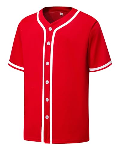 Mens Button Down Plain Baseball Jersey, Blank Softball Team Uniform, Hip Hop Hipster Short Sleeve Active Shirts