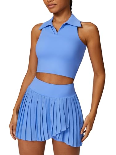 41doqys1IvL.jpg Women 2 Piece Tennis Dress High Waisted Pleated Skirt Sets Seamless Golf Outfits Sleeveless Racerback Padded Crop Top