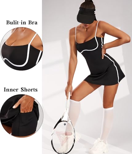 41dwSwSzPxL.jpg Womens Workout Tennis Dress with Built-in Bra & Shorts Pockets Sleeveless Exercise Golf Dresses