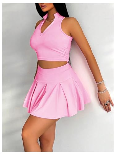 41gxiYviNLL.jpg Women's 2 Piece Tennis Skirt Set Sleeveless Racerback Crop Tank Tops High Waisted Pleated Mini Skirt Outfits