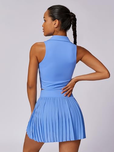 41kxItk5XL.jpg Women 2 Piece Tennis Dress High Waisted Pleated Skirt Sets Seamless Golf Outfits Sleeveless Racerback Padded Crop Top