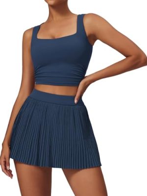 Women 2 Piece Tennis Dress Square Neck Tank Top with High Waisted Pleated Workout Skorts Skirt Set Yoga Golf Outfits