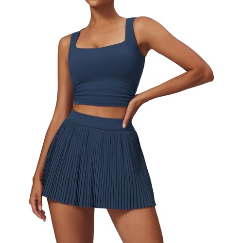 41nTyvYhpHL.jpg Women 2 Piece Tennis Dress Square Neck Tank Top with High Waisted Pleated Workout Skorts Skirt Set Yoga Golf Outfits