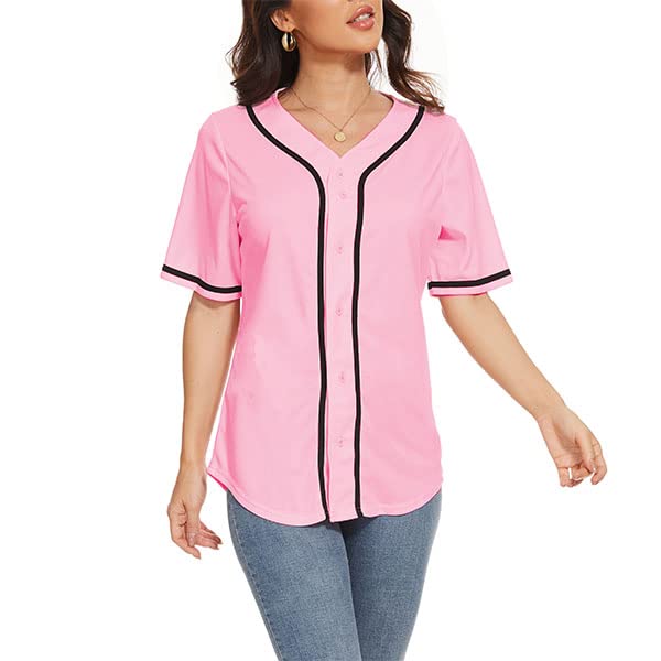 41pOUJIm4JL.jpg Women's Baseball Jerseys Blank Button Down V-Neck Softball Team Uniform Fashion Simple Wide Stripe Short Sleeve