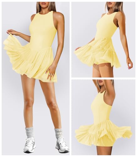 41q5DzjJ2cL.jpg Women's Flowy Pleated Ruffle Tennis Athletic Dress for Women Summer Boat Neck Sleeveless Mini Golf Dress Shorts Pockets