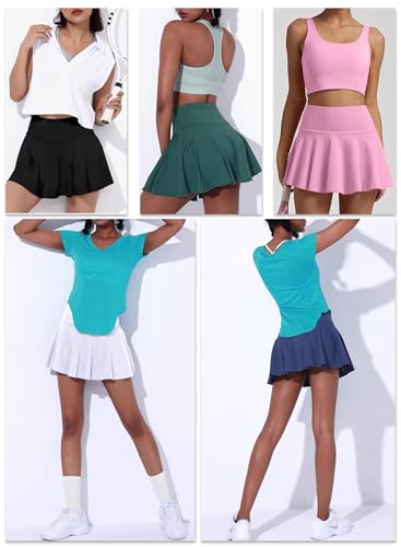 41rAMloWvfL.jpg Womens Pleated Skirt High Waisted Mini Tennis Skirts for Women with Shorts Pockets Pickleball Skater Cheer Skorts