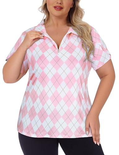 41re9FMqQ5L.jpg Women's Plus Size Golf Polo Shirts Zip Up Short Sleeve Tops Loose Fit UPF 50+ Tennis Workout Apparel XL-5XL