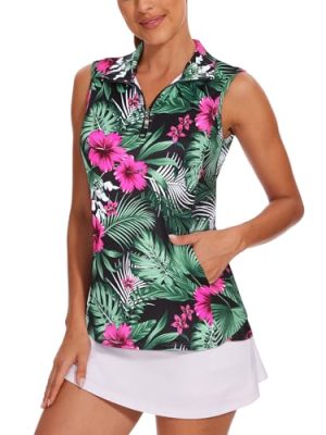 Women's Sleeveless Golf Shirt Quick Dry Zip Up Workout Tennis Tops with Pockets
