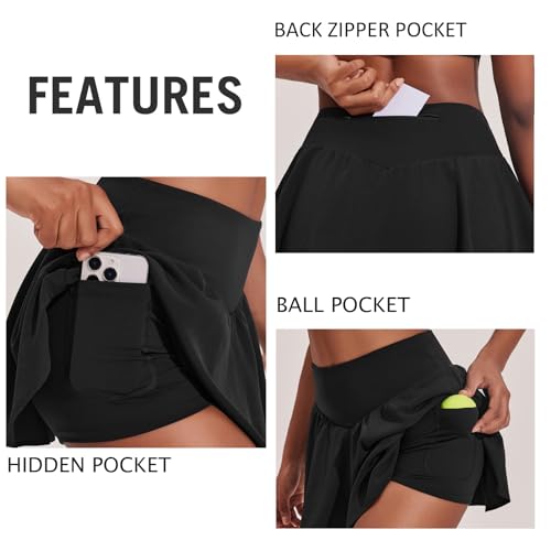 41uddiX3dL.jpg Womens Pleated Tennis Skirt Double Ruffle Golf Skort Tummy Control Athletic Skirts with 3 Pockets Workout Pickleball