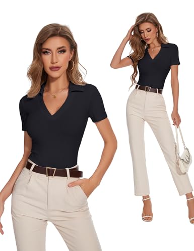 41vjx4L-6FL.jpg Womens Short Sleeve Business Casual Tops Summer V Neck Polo Work Shirts 2025 Fitted Basic Collared Shirt