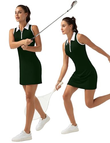 41xNJMasgZL.jpg Women's Golf Tennis Dress Sport Activewear Zipper V-Neck with Shorts and Pocket Workout Athletic