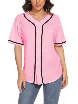 Women's Baseball Jerseys Blank Button Down V-Neck Softball Team Uniform Fashion Simple Wide Stripe Short Sleeve