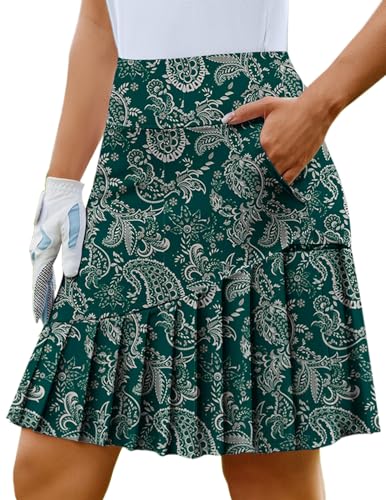 513FpMgmL.jpg Skirt Knee Length Skorts with Shorts Skirts Golf Modest Pleated Green Paisley