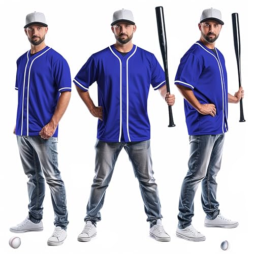 51QNpjiLF5L.jpg Blue Blank Baseball Jersey for Men Casual Button-Down Short Sleeve Athletic Team Uniform(Large Size)