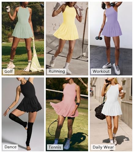 51mXKef0BL.jpg Women's Flowy Pleated Ruffle Tennis Athletic Dress for Women Summer Boat Neck Sleeveless Mini Golf Dress Shorts Pockets