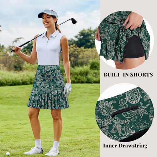 51u1WkYfUnL.jpg Skirt Knee Length Skorts with Shorts Skirts Golf Modest Pleated Green Paisley